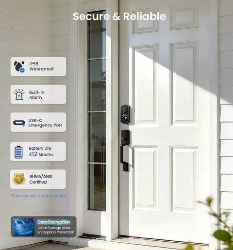 Experience effortless security with an 8-in-1 fingerprint smart lock featuring app control installed on white front door.