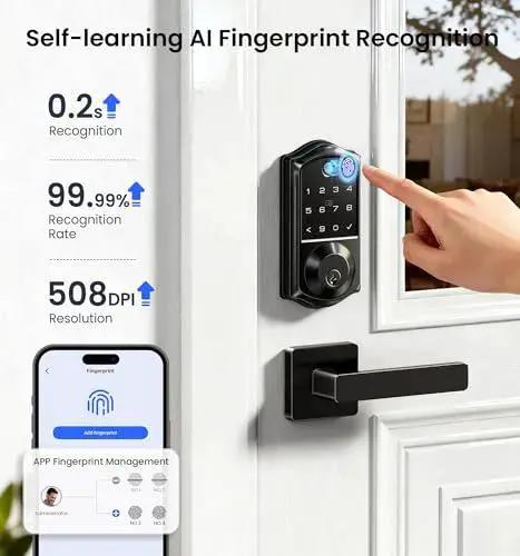 Experience effortless security with an 8-in-1 fingerprint smart lock featuring app control, installed on a white door.