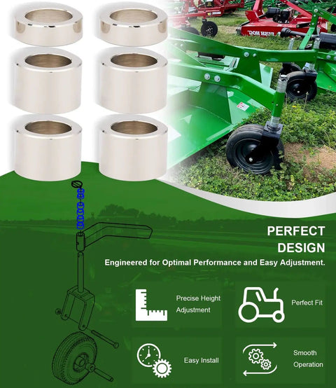Finish Mower Spacer Kit Replaces 502120 84612 84613, 6 chrome-plated C1015 steel spacers, diagram showing installation and fit for mowers.