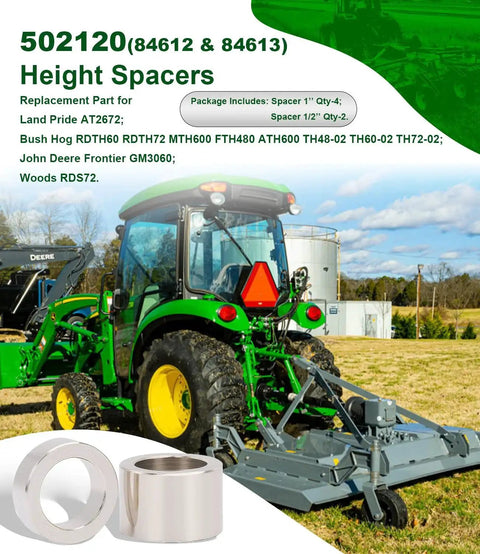Finish Mower Spacer Kit Replaces 502120 84612 84613 shown with tractor and mower, C1015 steel, chrome plated, heavy duty construction