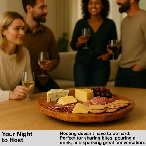 Handmade Premium Fir Wood Lazy Susan Turntable Organizer With Rustic Serving Platter And Cheese Board at dinner gathering