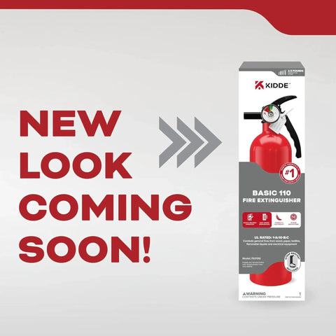 Package of Multi Purpose Fire Extinguisher 1A10BC For Home Office Dorm And Residential Use shown with 'New Look Coming Soon' text.