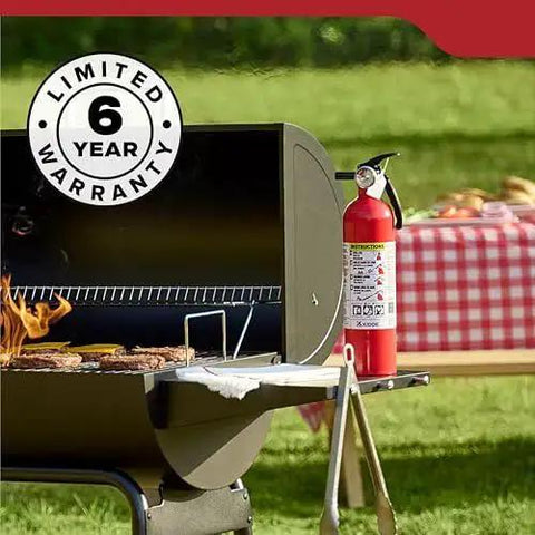Multi Purpose Fire Extinguisher 1A10BC For Home Office Dorm And Residential Use beside outdoor grill