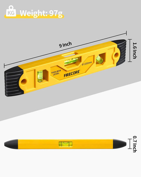 Torpedo Level Magnetic, Firecore 9 Inch Shockproof Small Leveler Tool with 3 Bubble Spirit Level 45 90 180 Degree, side view