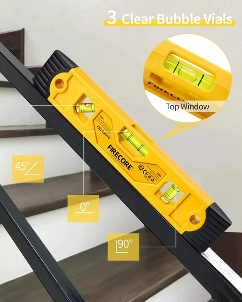 Torpedo Level Magnetic, Firecore 9 Inch Shockproof Small Leveler Tool with 3 Bubble Spirit Level 45 90 180 Degree on steps