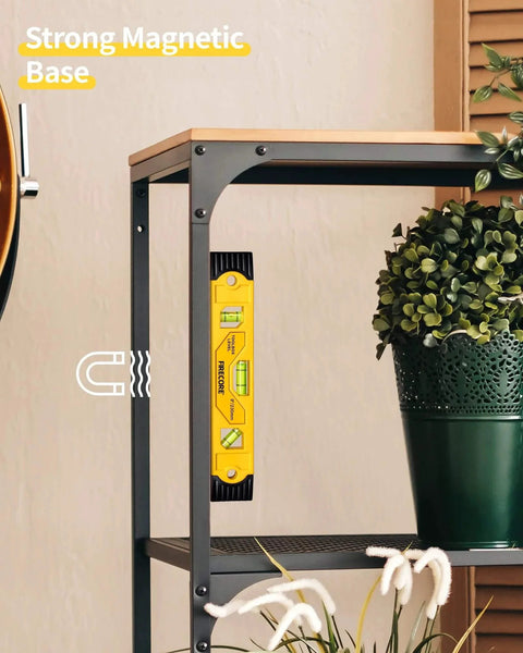 Torpedo Level Magnetic, Firecore 9 Inch Shockproof Small Leveler Tool with 3 Bubble Spirit Level on metal shelf