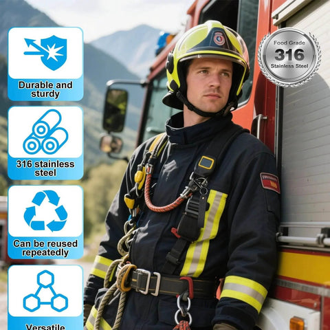 Firefighter in gear with mask quick release clips and carabiner for easy mask removal, pictured by fire truck
