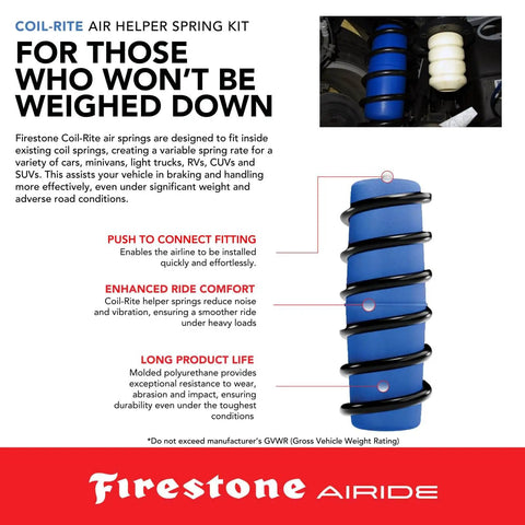 Firestone Coil-Rite air helper spring kit with blue coil spring and installation features.
