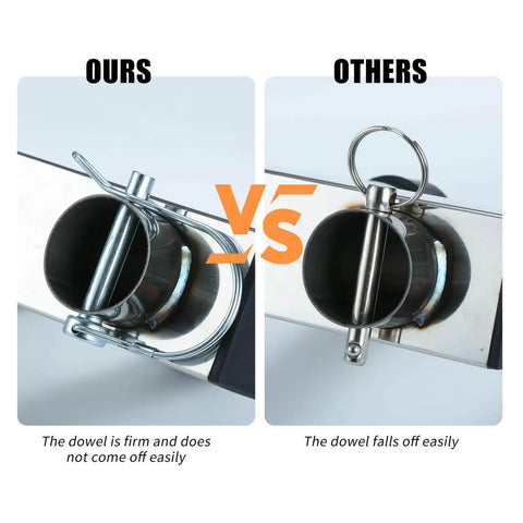 Comparison showing Stainless Steel Hitch Mounted Fishing Rod Holder For 2 Inch Hitch Receivers with secure pin vs loose pin