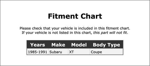 Fitment chart for 1985-1991 XT Coupe detailing compatibility for Beefed-Up Alternator Bearing Replacement For XT Coupe 1985-1991 PC-454353.
