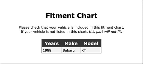Fitment chart showing compatibility for 1988 Subaru XT model with Commutator End Alternator Bearing For 1988 XT Plug In Direct Replacement PC 395778.