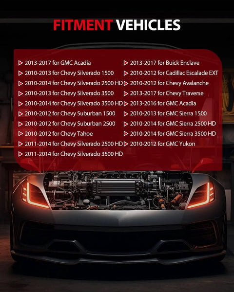 Image showing AC Blower Motor fitment guide with list of compatible Chevy, GMC, Buick models over a car engine background.