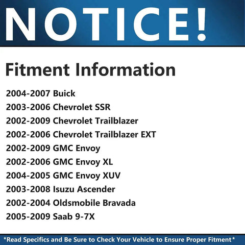 Fitment information notice for 2002-2009 SUV models including Chevrolet Trailblazer and GMC Envoy.
