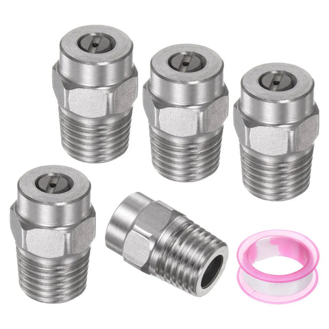 uxcell 5-pack stainless steel pressure washer spray tips, 1/4 in NPT, 15-degree, orifice 1.236 mm, with pink PTFE tape