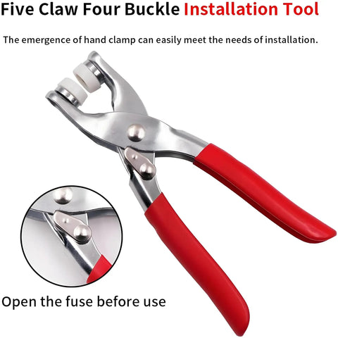 Five claw buckle installation tool with red handle for garment and leather crafting