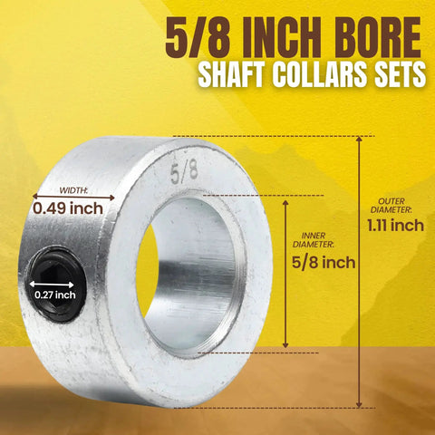 Four Pack Five Eighths Inch Bore Solid Steel Shaft Collars With Set Screws Zinc Plated One And One Eighth Inch Outer Diameter One Half Inch Width