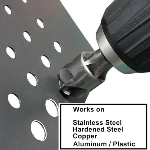 Close-up of Five Flute Metal Countersink Drill Bit With Eighty Seven Degree Head For One Quarter Inch Hex Shank in use on metal.