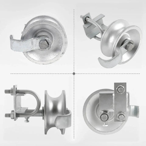 Four views of five inch sliding gate rollers two pack for chain link gates, compatible with two inch gate frame and one and five eighths inch track pipe, galvanized steel hardware.