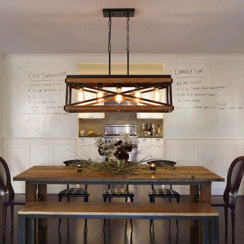 Five Light Rectangular Farmhouse Pendant Chandelier Black With Oak Wood And Metal 65 Inch Adjustable Chain For Dining Room And Kitchen Island Linear Rustic Modern Lighting Fixture