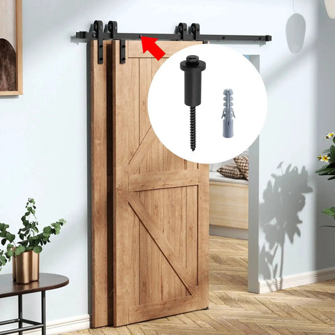 Installed barn door showing Five Pack 2 Inch Sliding Barn Door Spacers For Wall Installation With Lag Bolts, Carbon Steel Hardware.