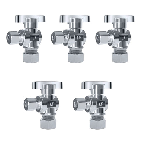 VINTEX 5-pack chrome-plated brass angle stop valves, 1/2 in NOM compression x 3/8 in OD compression, 1/4-turn faucet shutoff