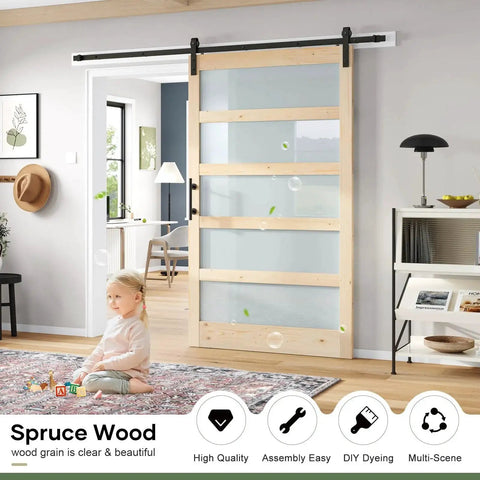 Glass Sliding Barn Door Slab 48 By 84 Inches With Eight Foot Hardware Kit Included Five Panel Frosted Glass Spruce Wood Support