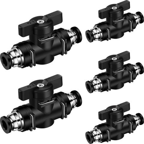 5-pack black push-to-connect pneumatic ball valves, 1/4 in OD PVC air fittings