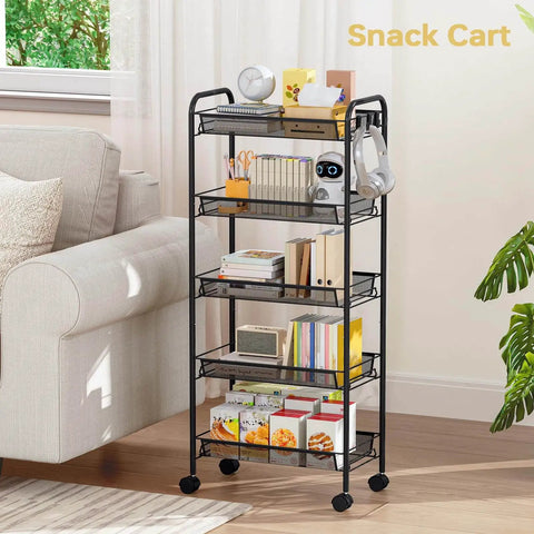 Five Tier Metal Utility Cart On Wheels With Three Hooks For Kitchen Bathroom And Laundry Room Storage Easy Assembly Mobile Trolley
