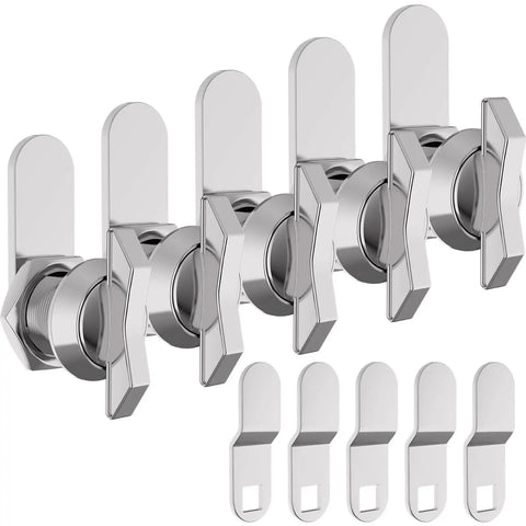Five 5/8 inch thumb-operated offset cam locks provide secure, keyless locking for RV compartments, cabinets, mailboxes, and drawers.