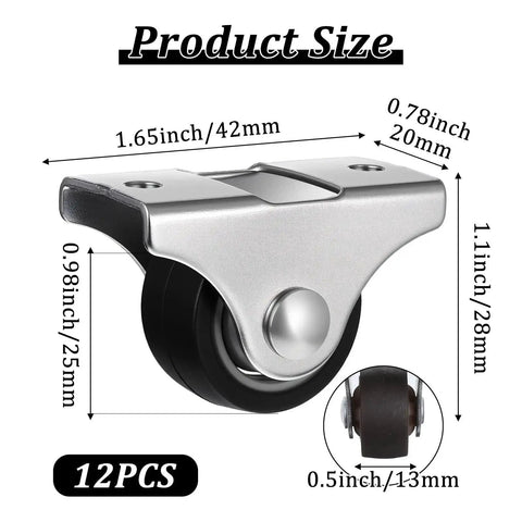 12 Pieces Fixed Caster Wheels Set With One Inch Diameter Caster Wheels And Metal Top TPE Rubber Low Profile Rollers