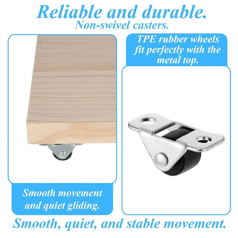 Eight Piece Mini Fixed Caster Wheels Set Half Inch Low Profile Silent Bearings Single Direction Tiny Wheels installation view