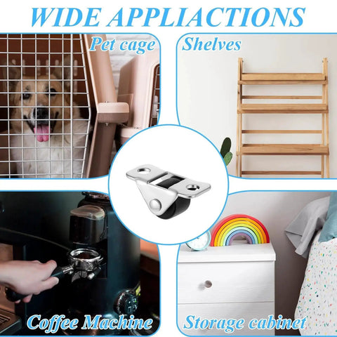 Diagram showing applications for Eight Piece Mini Fixed Caster Wheels Set Half Inch Low Profile for cabinets, shelves, and pet cages.