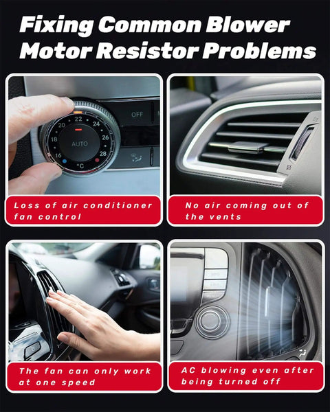 Common blower motor resistor problems affecting fan control and AC function with visual diagnosis examples.