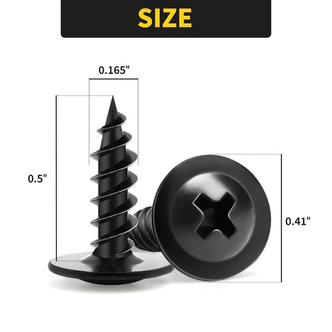 Close-up of FIXLINK Black Phillips Truss Head Wood Screws 8 By Half Inch Self Tapping 160 PC Pack, showing dimensions and design.
