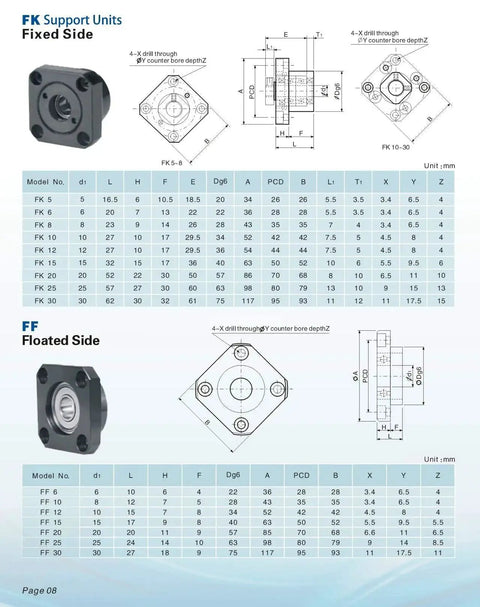 Diagram of FK support units and FF floated side specifications for SFU1605 Ball Screw CNC Kit 16mm Diameter 5mm Lead 650mm Length