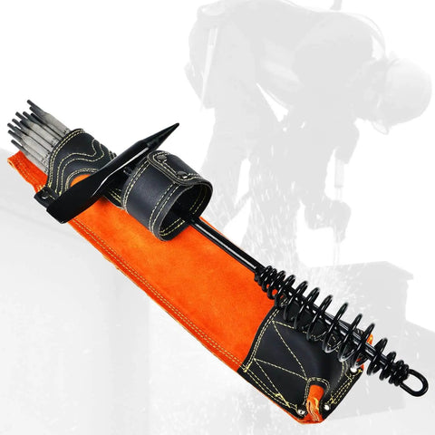 Flame-Resistant Leather Electrode Bag and Welding Rod Holder for Welders, double-layer leather with front hammer pocket, side view