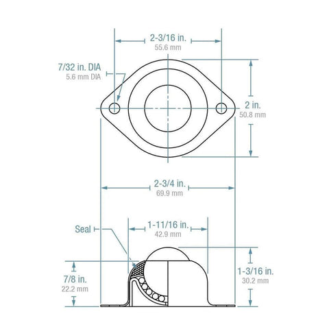 Technical drawing of (Case of 10) Hudson Bearings BT-1CS Two-Hole Flange Mounted Ball Transfer, Carbon Steel, dimensions included
