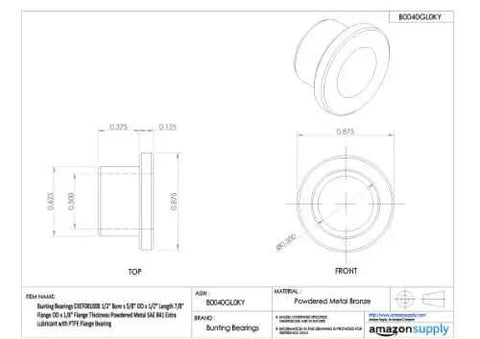 Technical drawing of Flange Bearing With Extra PTFE Lubricant, Powdered Metal, SAE 841, including dimensions and material details.