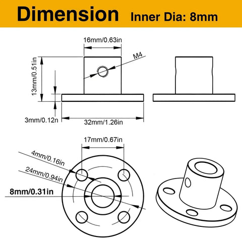 Technical drawing of heat-treated 8mm flange couplings for RC motors, showing dimensions and design features for precise shaft joins.