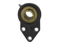 Front view of 25mm Wide Set Screw Flange Housing Single Unit, zinc three-bolt body, black plastic insert, sealed ball bearing compatible.