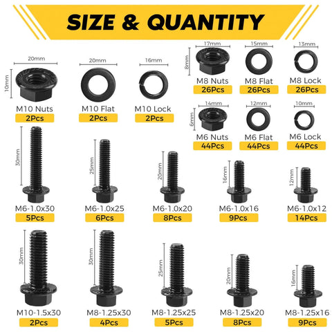 Size chart for Homwin 286Pcs Flange Metric Bolt Assortment, M6-1.0, M8-1.25, M10-1.5 Kit, showing bolt and nut quantities.