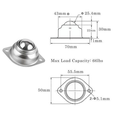 Diagram and photo of Surface Ball Bearing Rollers Ball Transfer Units with 1 Inch Main Ball Flange Mounted Design for Conveyors 66 lb Load.