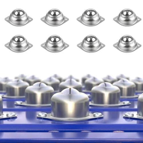 Surface Ball Bearing Rollers Ball Transfer Units with 1 Inch Main Ball Flange Mounted for Conveyors, shown in set of 20 on blue surface.
