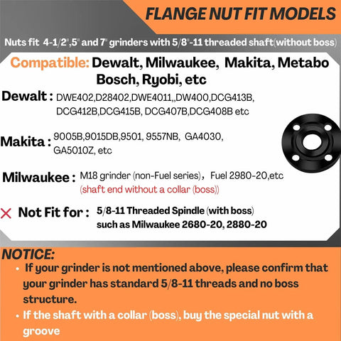 Compatibility chart for Versatile 7-Piece Grinder Nut and Wrench Kit with Dewalt, Milwaukee, Makita, Bosch models.