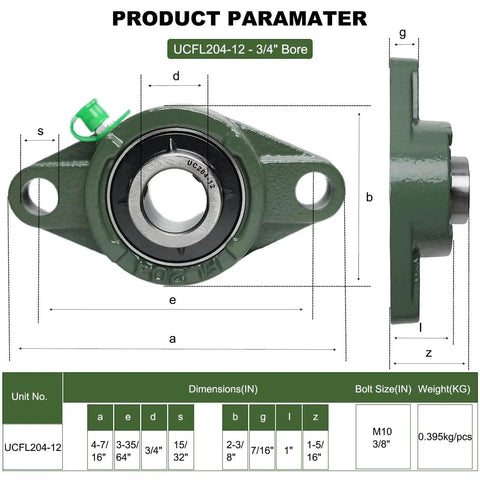 2 Pack UCFL204-12 Pillow Block Bearing with 3/4 in bore, flange mount unit, shown with dimensions and specifications chart