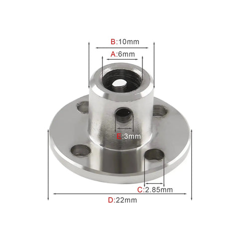 Two-Pack 6mm bore flange shaft couplings with 10mm OD and 22mm base, detailed dimensions, for DIY RC motors and micro-machines.