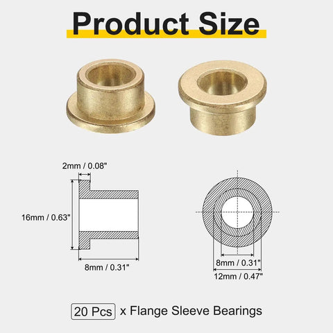 Flange Sleeve Bearings Set 20 Pcs 8mm Bore 12mm OD 8mm Length Self Lubricating Sintered Bronze Bushings with diagrams