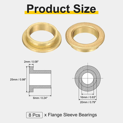 8 Pcs Flange Sleeve Bearings 16mm Bore 20mm OD 6mm Length Self Lubricating Sintered Bronze Bushings with size diagram
