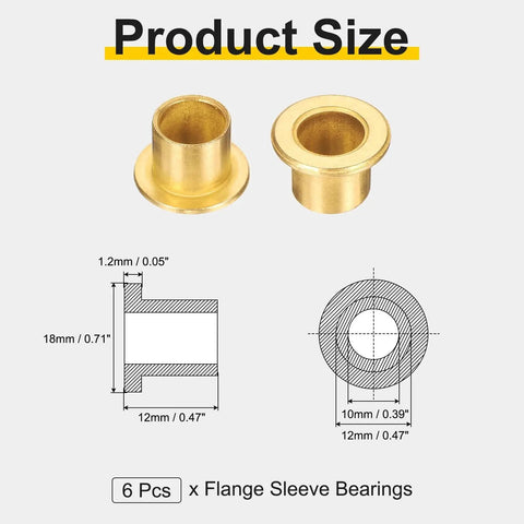 Diagram and front view of Six Piece Self Lubricating Flange Sleeve Bearings Set For 10mm Bore 12mm OD And 12mm Length In Sintered Bronze uxcell
