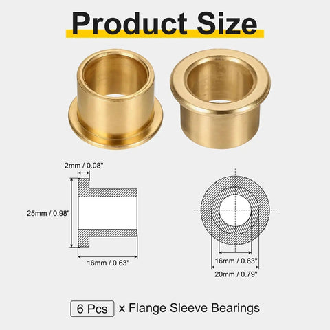 Product Size Diagram of Six Pcs Flange Sleeve Bearings With 16mm Bore, 20mm OD, 16mm Length, Self Lubricating Sintered Bronze Bushings